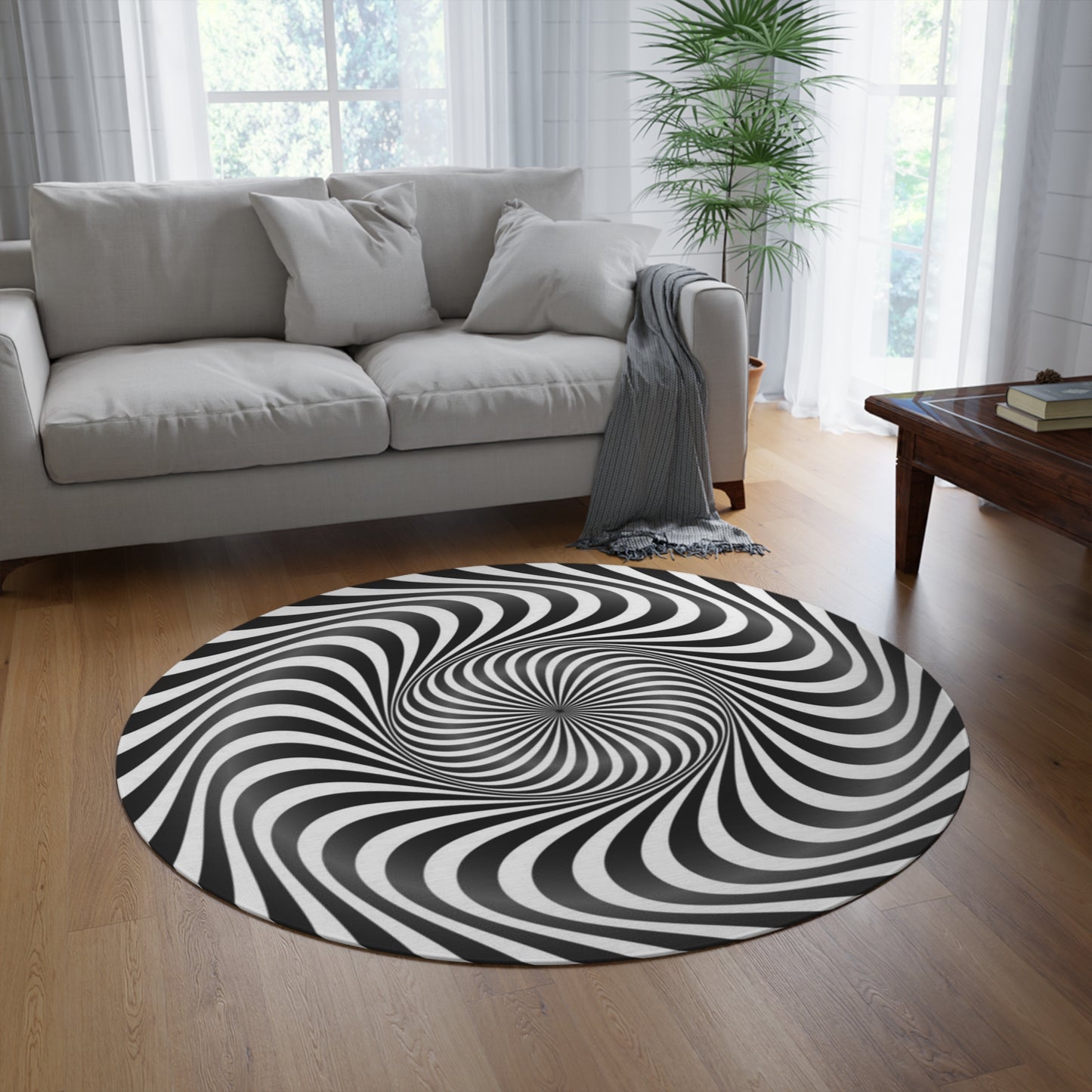 Optical Illusion Swirl Round Rug — Black & White Psychedelic Floor Mat