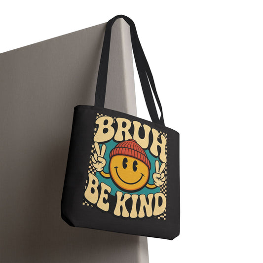 Bruh Be Kind Smiley Tote Bag — Retro Peace Sign Canvas Shopper