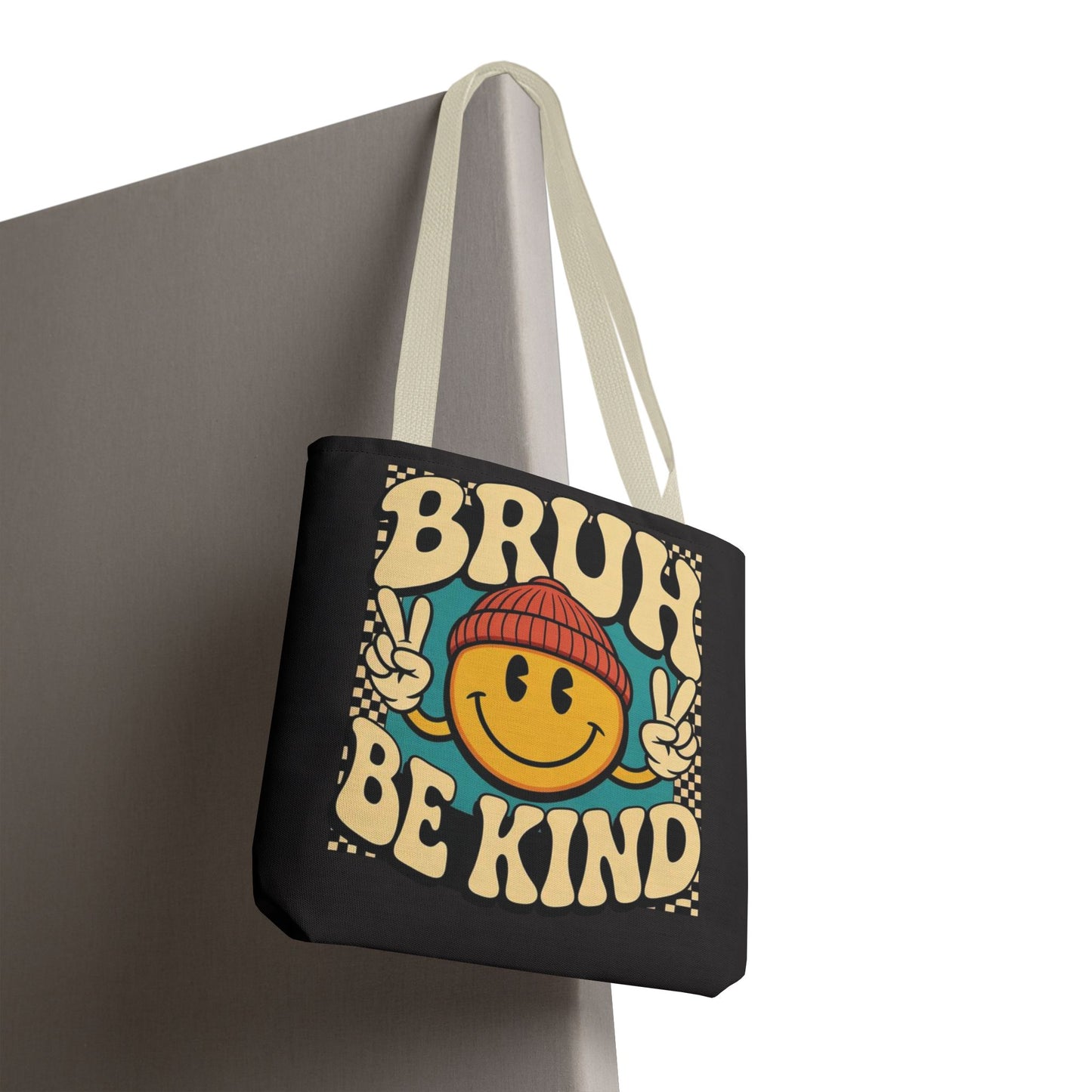 Bruh Be Kind Smiley Tote Bag — Retro Peace Sign Canvas Shopper