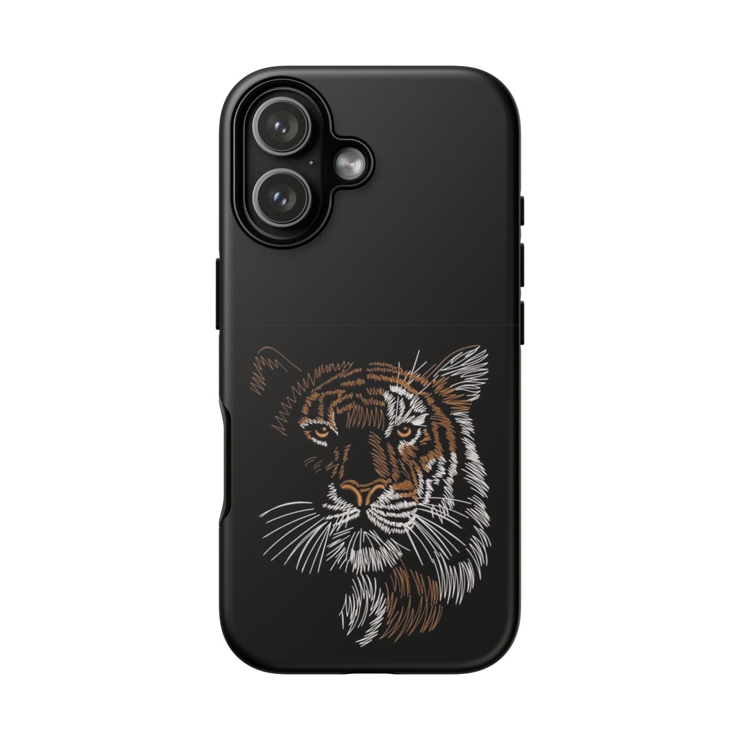 Tiger Face Phone Case — Protective Black Tough Case with Embroidered-Style Tiger Design