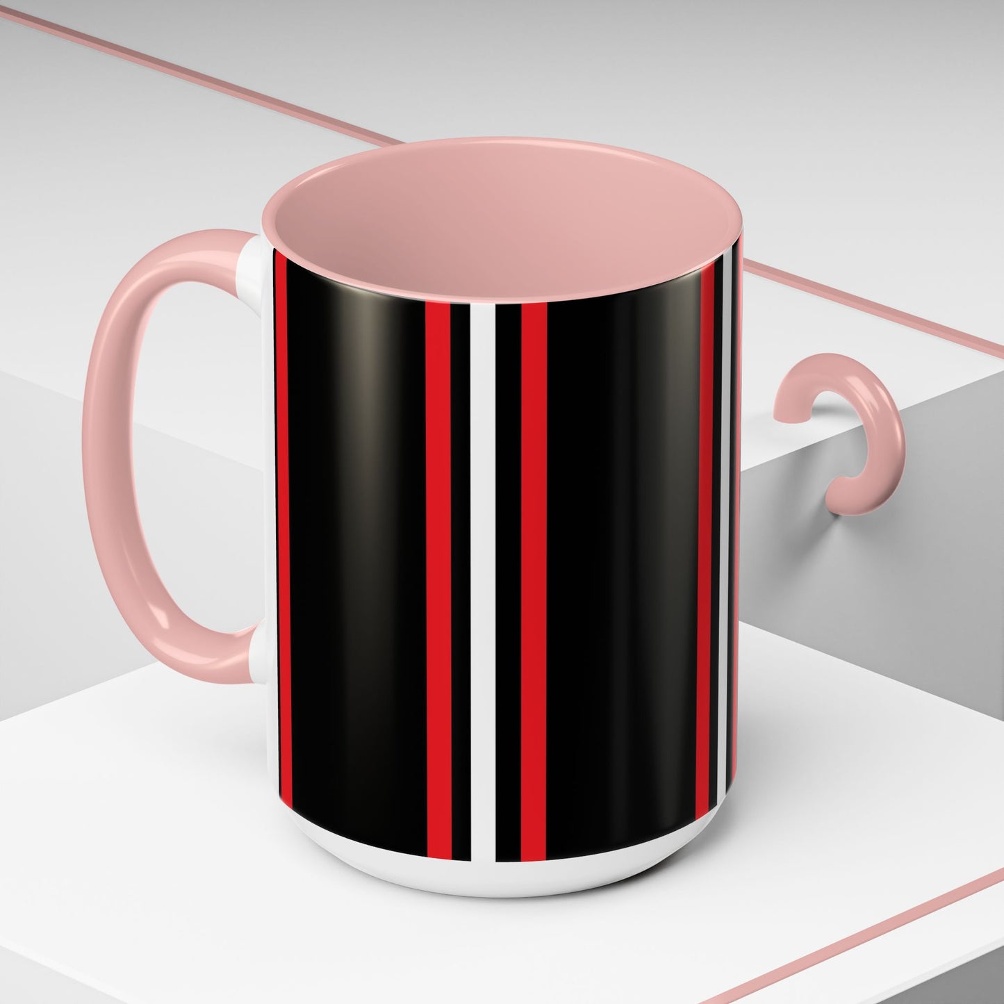 Black Accent Coffee Mug with Red & White Racing Stripes — 11/15oz