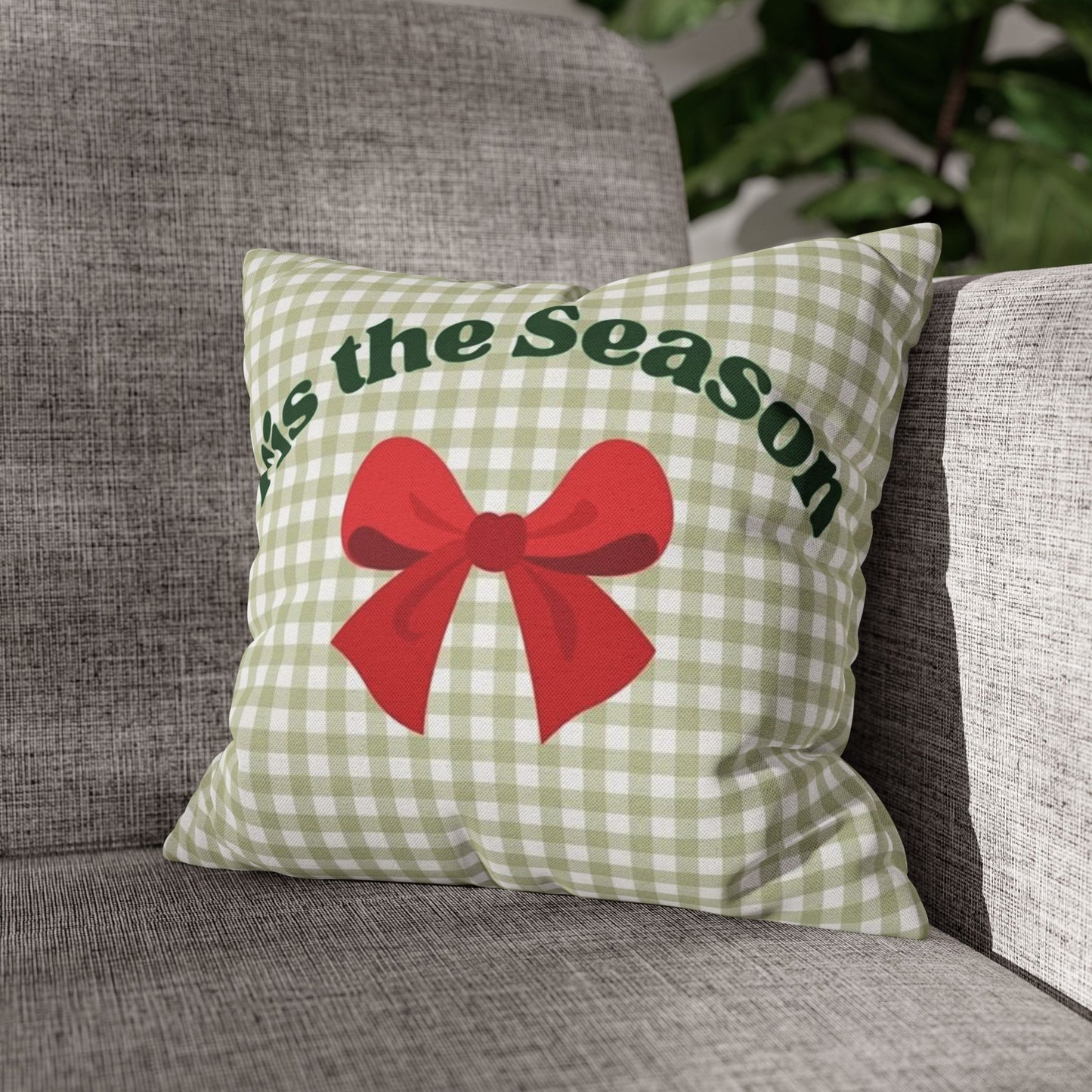 Christmas Throw Pillowcase — "’Tis the Season" Green Gingham with Red Bow