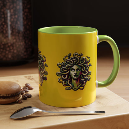 Medusa Accent Coffee Mug — Mythical Snake-Head Design, Yellow & Black Accent (11/15oz)