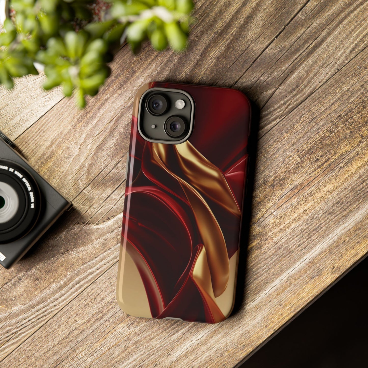 Protective Phone Case — Red & Gold Satin Swirl Design