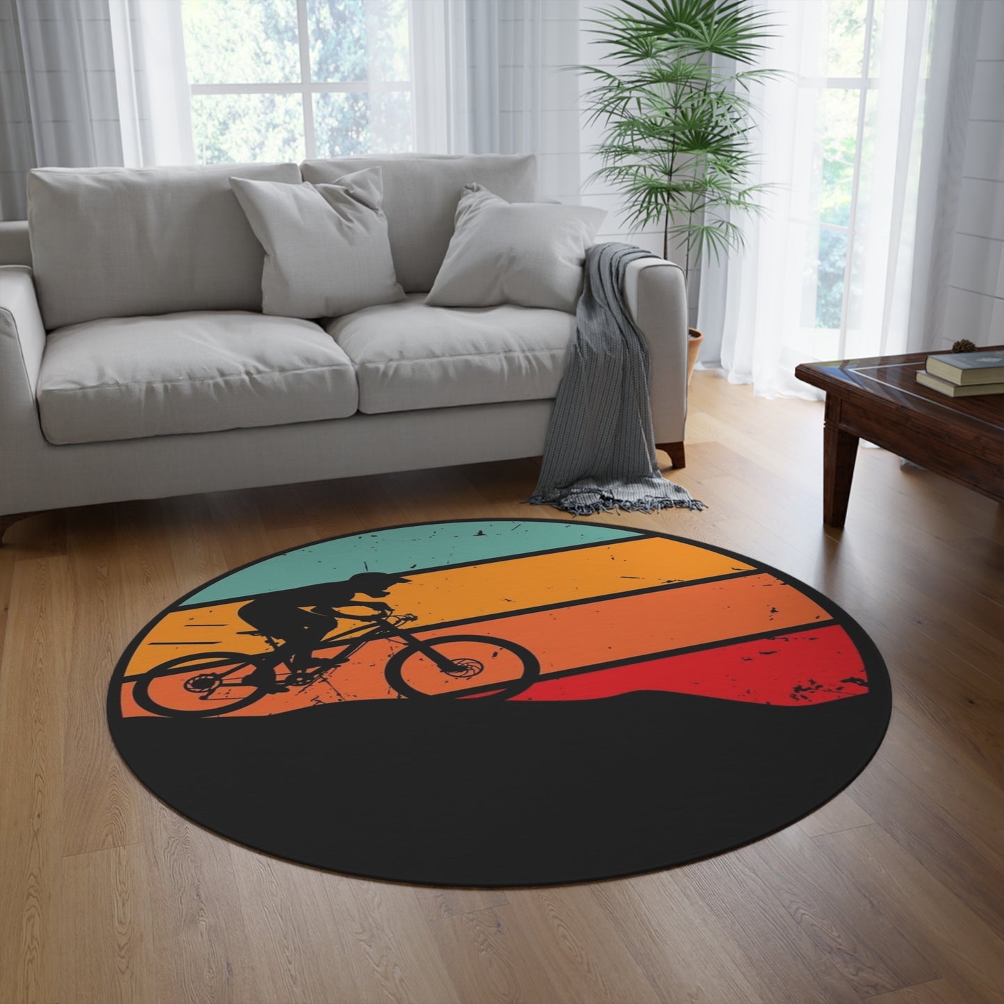 Round Rug — Retro Mountain Biking Silhouette Area Rug