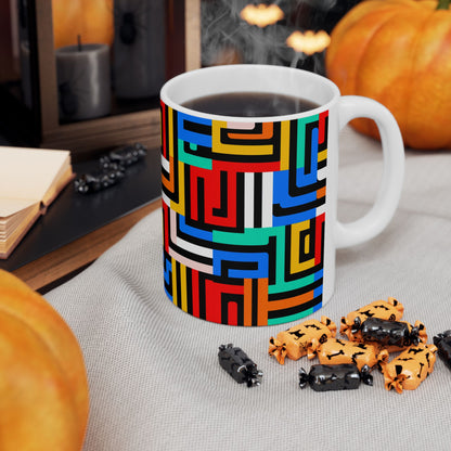 Geometric Maze Ceramic Mug — Colorful Mid-Century Modern Coffee Cup (11oz, 15oz)