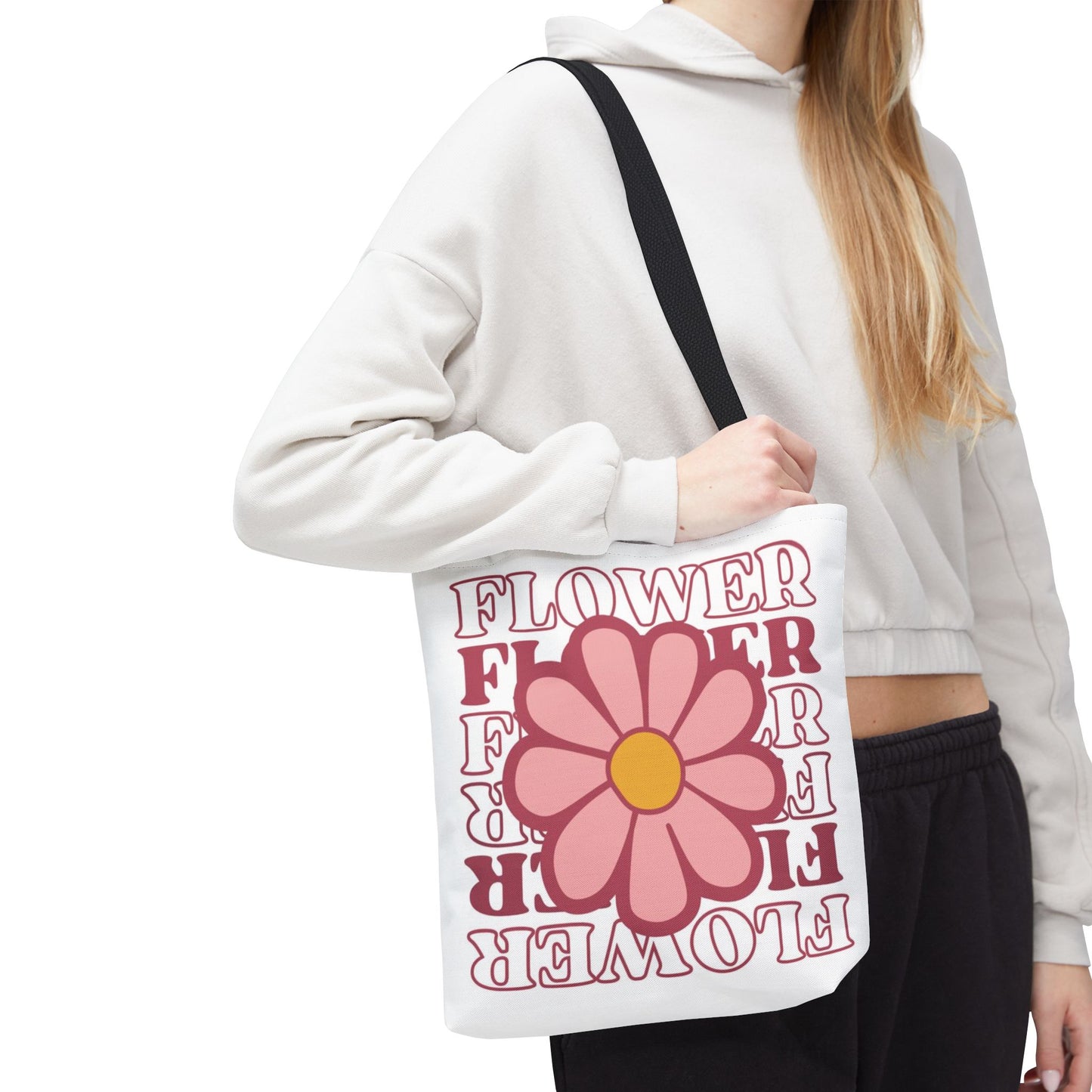 Retro Pink Flower Tote Bag – 'FLOWER' Graphic AOP Market Tote