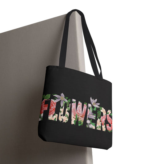 Floral 'FLOWERS' Black All-Over Print Tote Bag