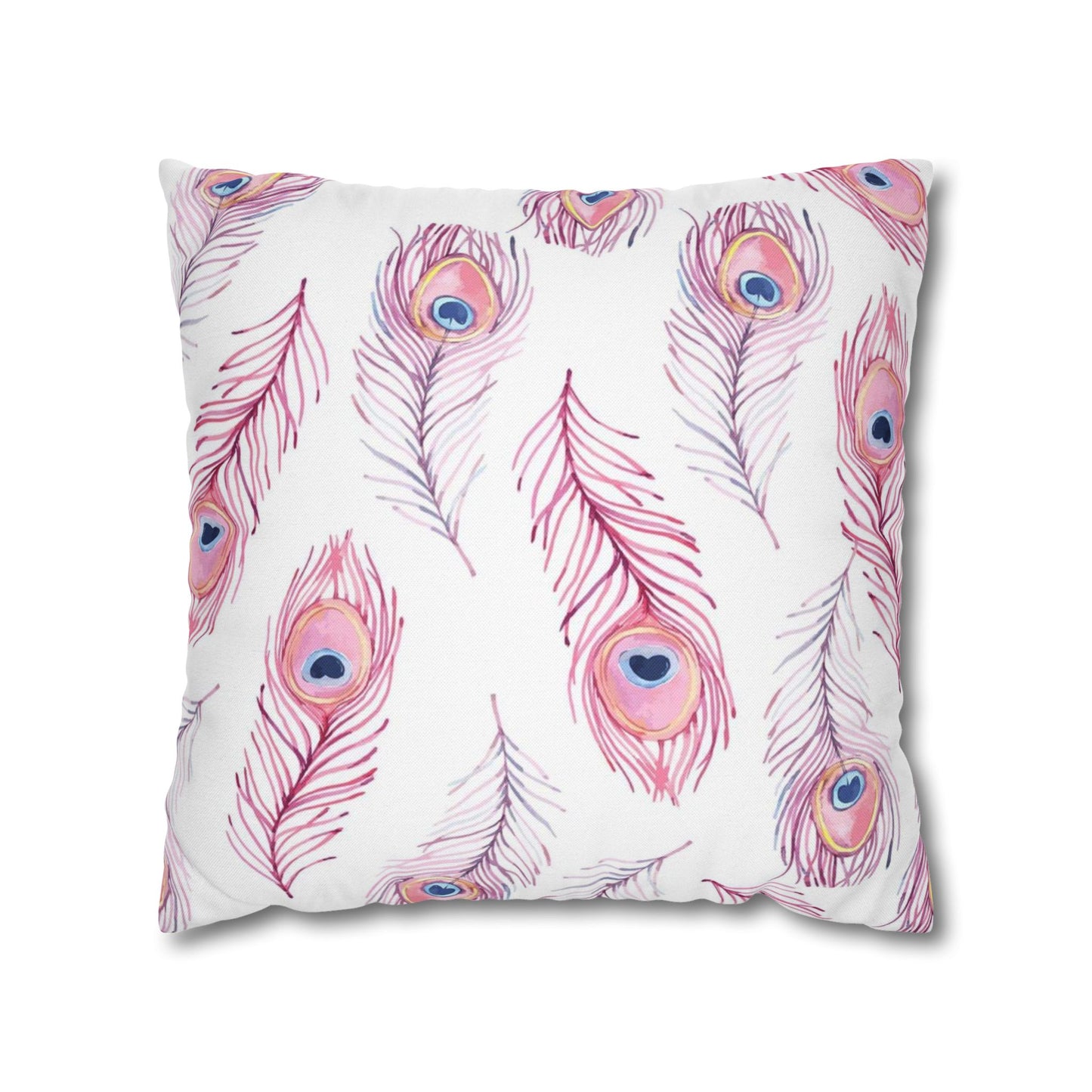 Pink Watercolor Peacock Feather Pillowcase — Decorative Square Throw Pillow Cover