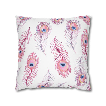 Pink Watercolor Peacock Feather Pillowcase — Decorative Square Throw Pillow Cover