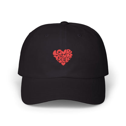 Classic Dad Cap — Red 'Love Yourself' Heart Embroidered Baseball Hat
