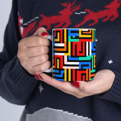 Geometric Maze Ceramic Mug — Colorful Mid-Century Modern Coffee Cup (11oz, 15oz)