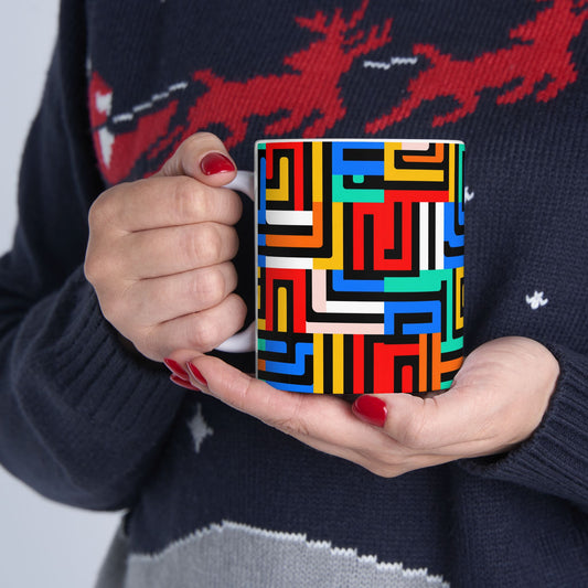 Geometric Maze Ceramic Mug — Colorful Mid-Century Modern Coffee Cup (11oz, 15oz)