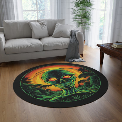 Alien Sunset Round Rug — Neon Sci‑Fi Skull Area Rug for Bedroom, Dorm, or Game Room
