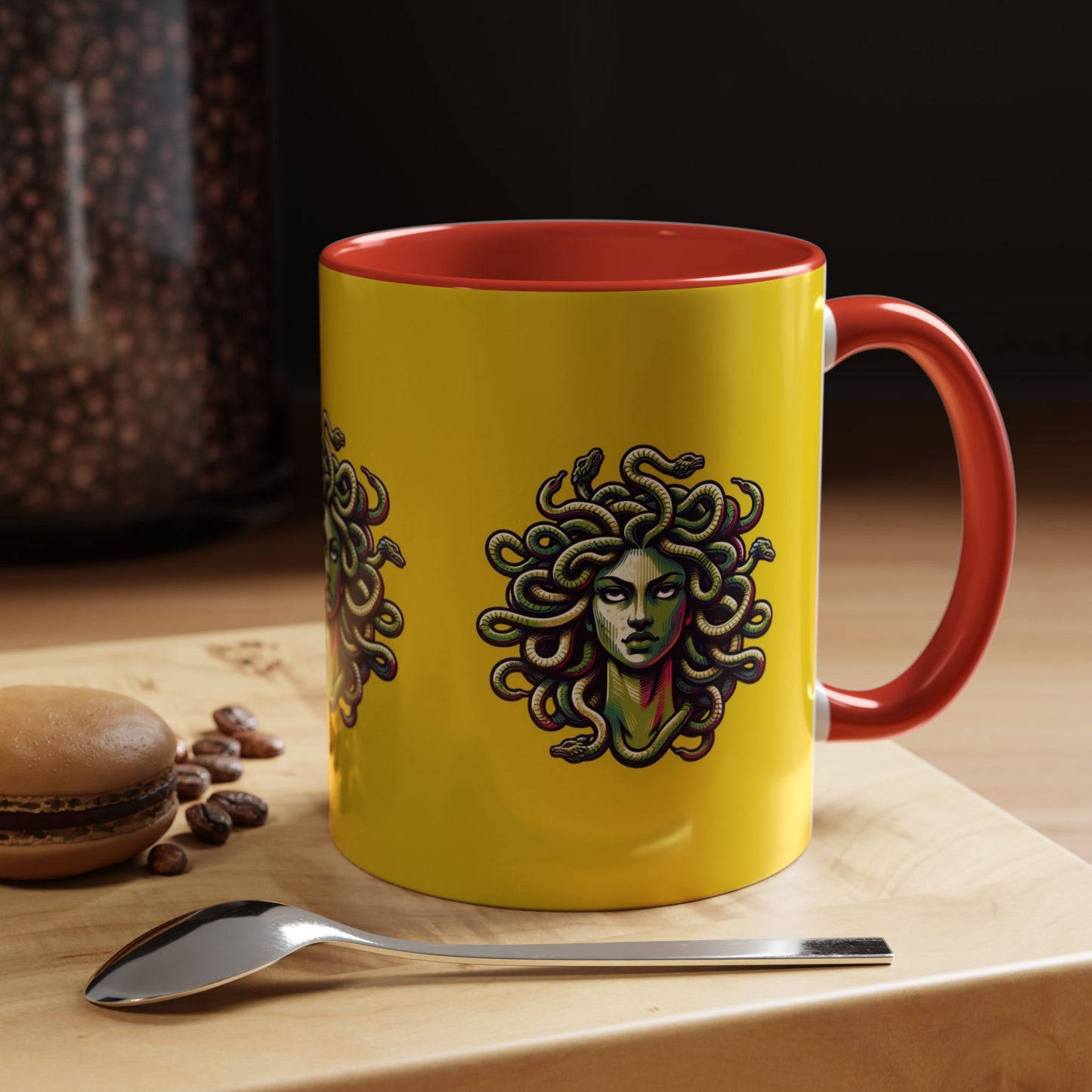 Medusa Accent Coffee Mug — Mythical Snake-Head Design, Yellow & Black Accent (11/15oz)