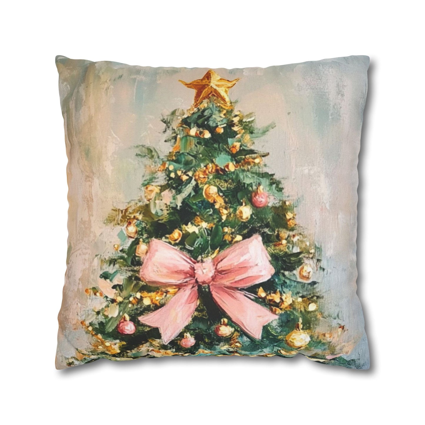 Christmas Tree Pillowcase with Pink Bow – Holiday Decorative Throw Pillow Cover