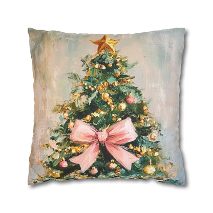 Christmas Tree Pillowcase with Pink Bow – Holiday Decorative Throw Pillow Cover