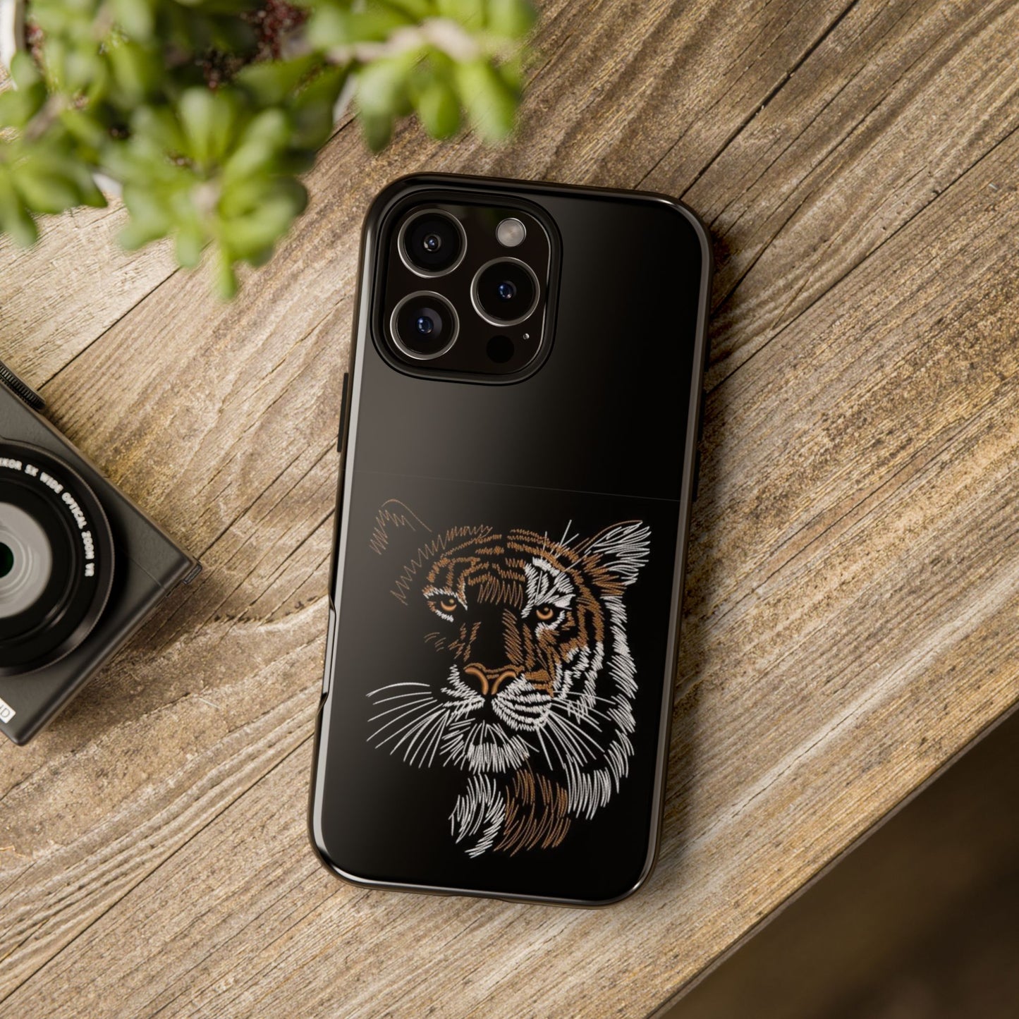 Tiger Face Phone Case — Protective Black Tough Case with Embroidered-Style Tiger Design
