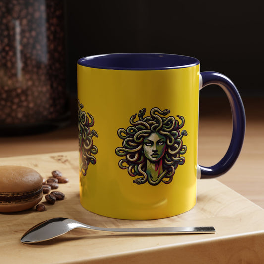 Medusa Accent Coffee Mug — Mythical Snake-Head Design, Yellow & Black Accent (11/15oz)