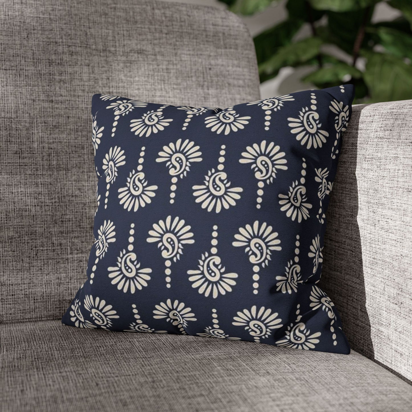 Navy Floral Motif Square Pillowcase — Decorative Spun Polyester Cushion Cover