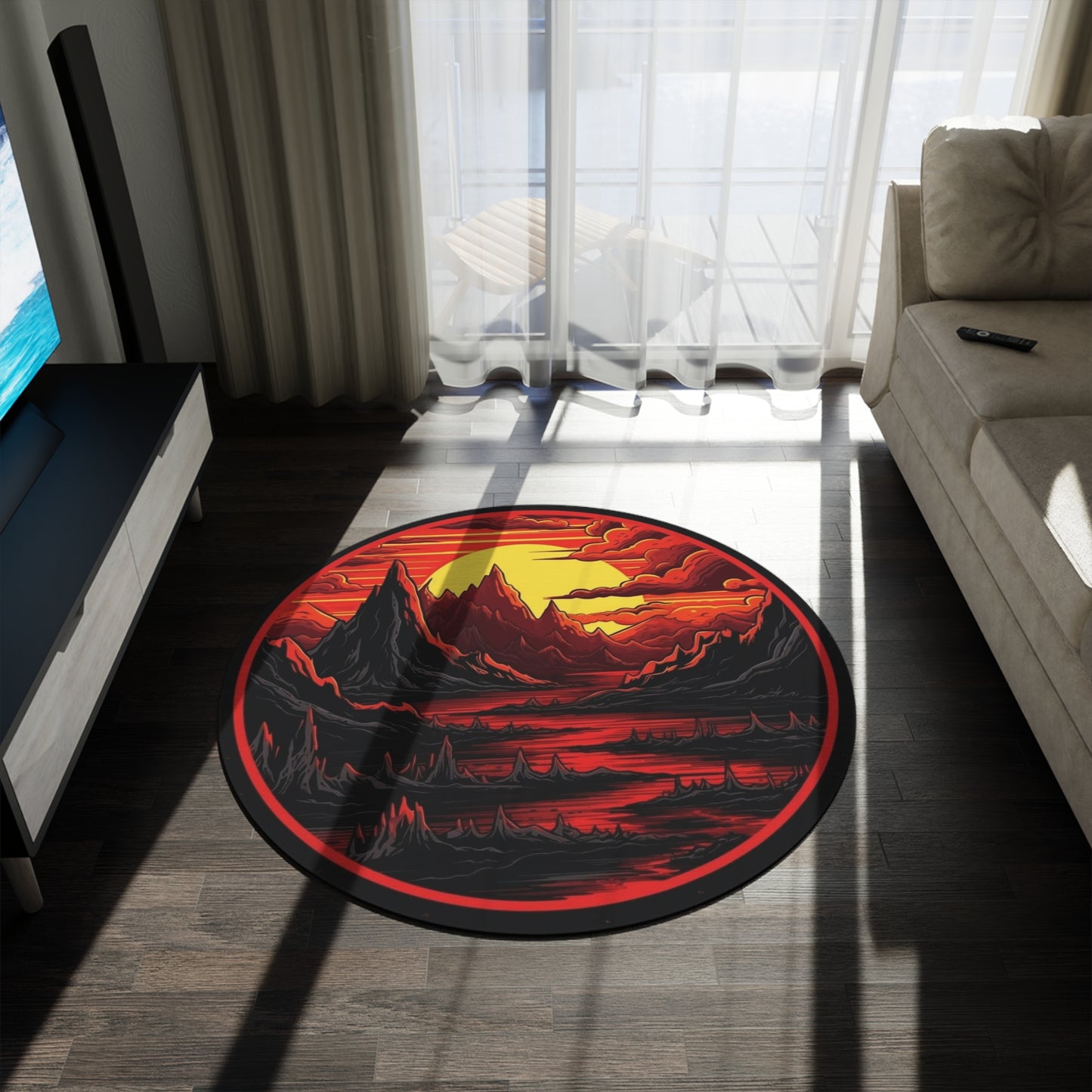 Red Sunset Mountain Round Rug — Bold Lunar Landscape Area Rug