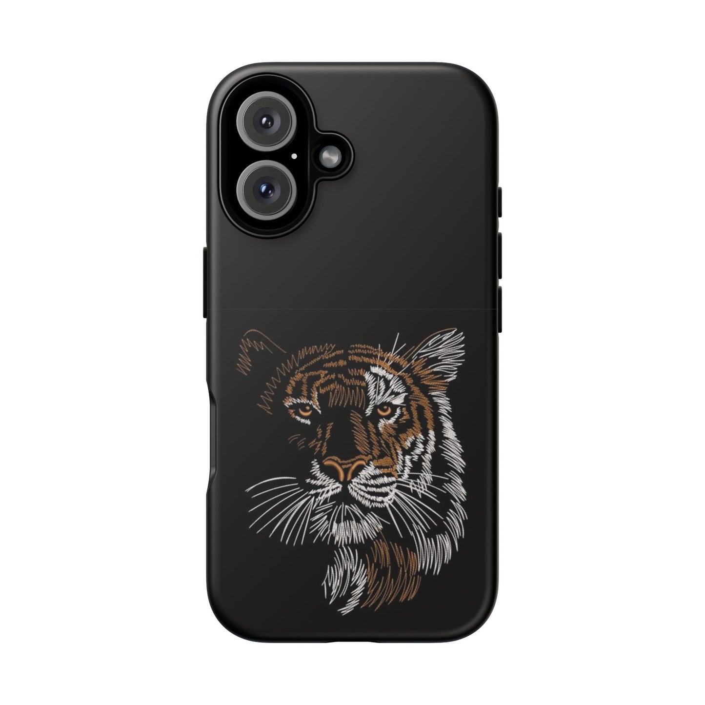 Tiger Face Phone Case — Protective Black Tough Case with Embroidered-Style Tiger Design
