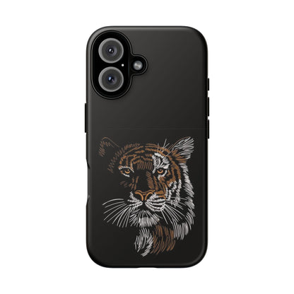 Tiger Face Phone Case — Protective Black Tough Case with Embroidered-Style Tiger Design