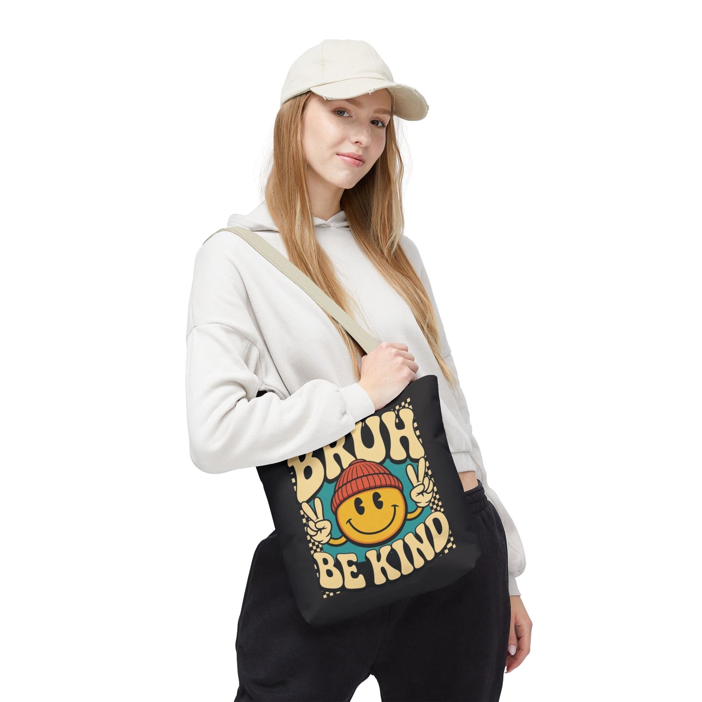 Bruh Be Kind Smiley Tote Bag — Retro Peace Sign Canvas Shopper