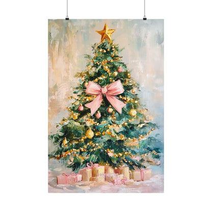 Christmas Tree Poster - Pastel Holiday Art Print with Pink Bow & Presents