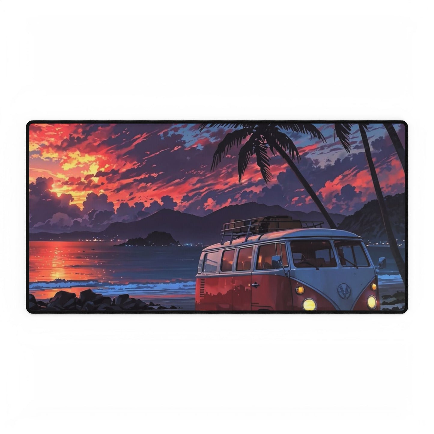 Sunset Beach VW Camper Desk Mat — Tropical Surf Vibe Mouse Pad