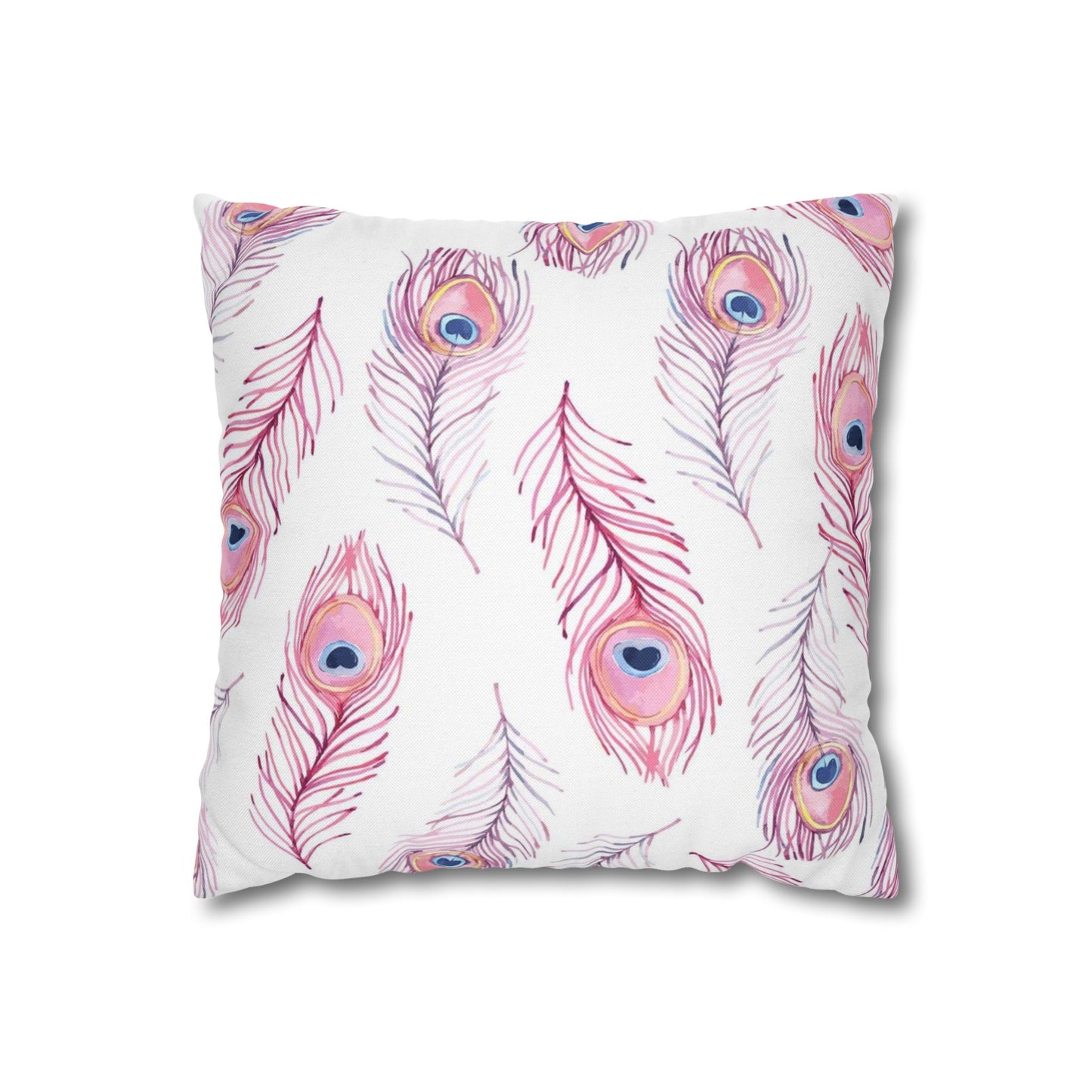 Pink Watercolor Peacock Feather Pillowcase — Decorative Square Throw Pillow Cover