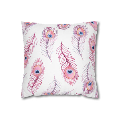 Pink Watercolor Peacock Feather Pillowcase — Decorative Square Throw Pillow Cover
