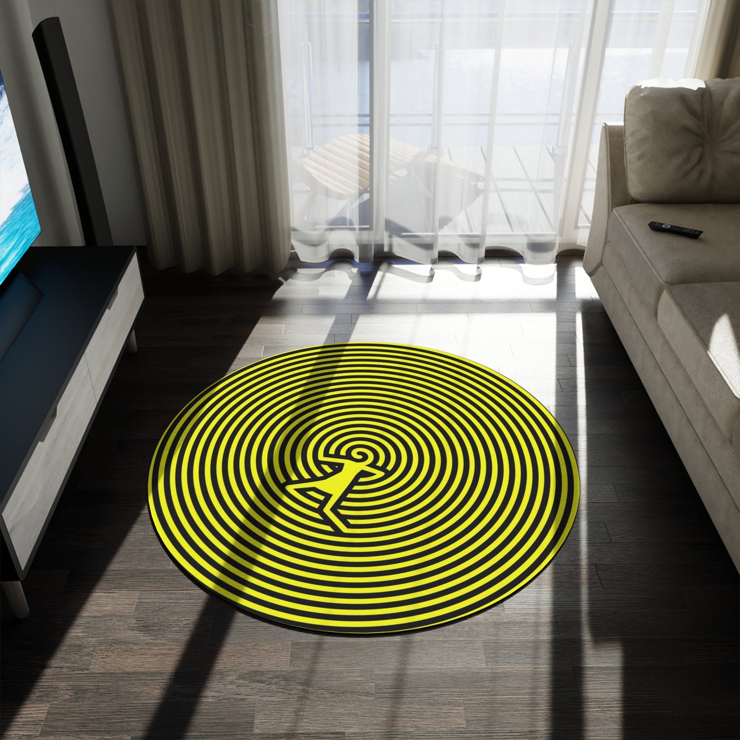 Yellow Spiral Round Rug with Abstract Figure — Modern Optical Illusion Accent Rug