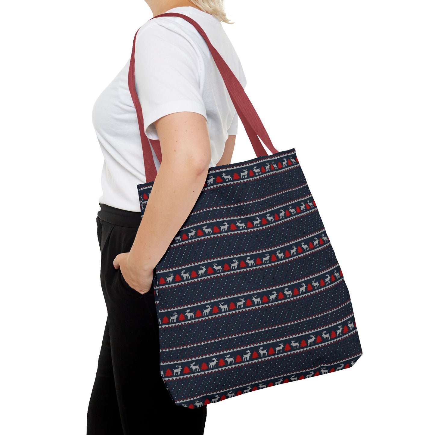 Holiday Reindeer Stripe Tote Bag — Festive Christmas Pattern Tote