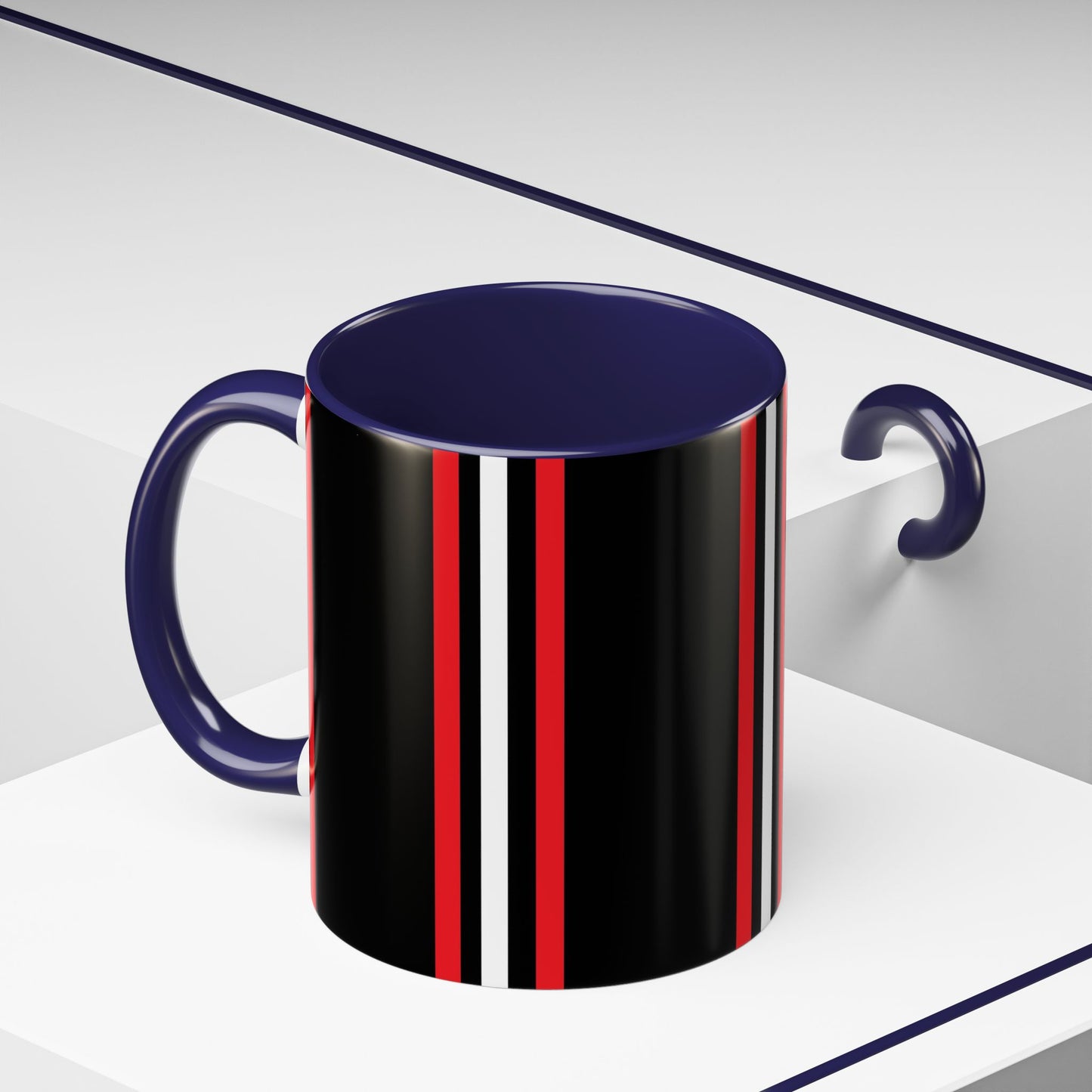 Black Accent Coffee Mug with Red & White Racing Stripes — 11/15oz
