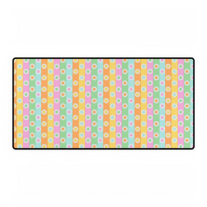 Floral Pastel Stripes Desk Mat — Cute Daisy Pattern Mouse Pad for Home Office