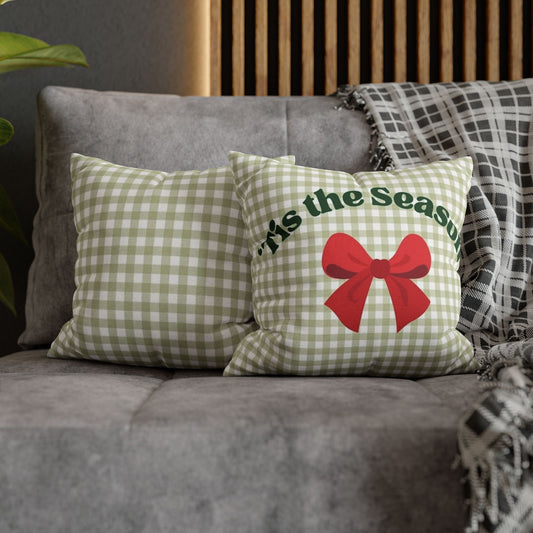 Christmas Throw Pillowcase — "’Tis the Season" Green Gingham with Red Bow