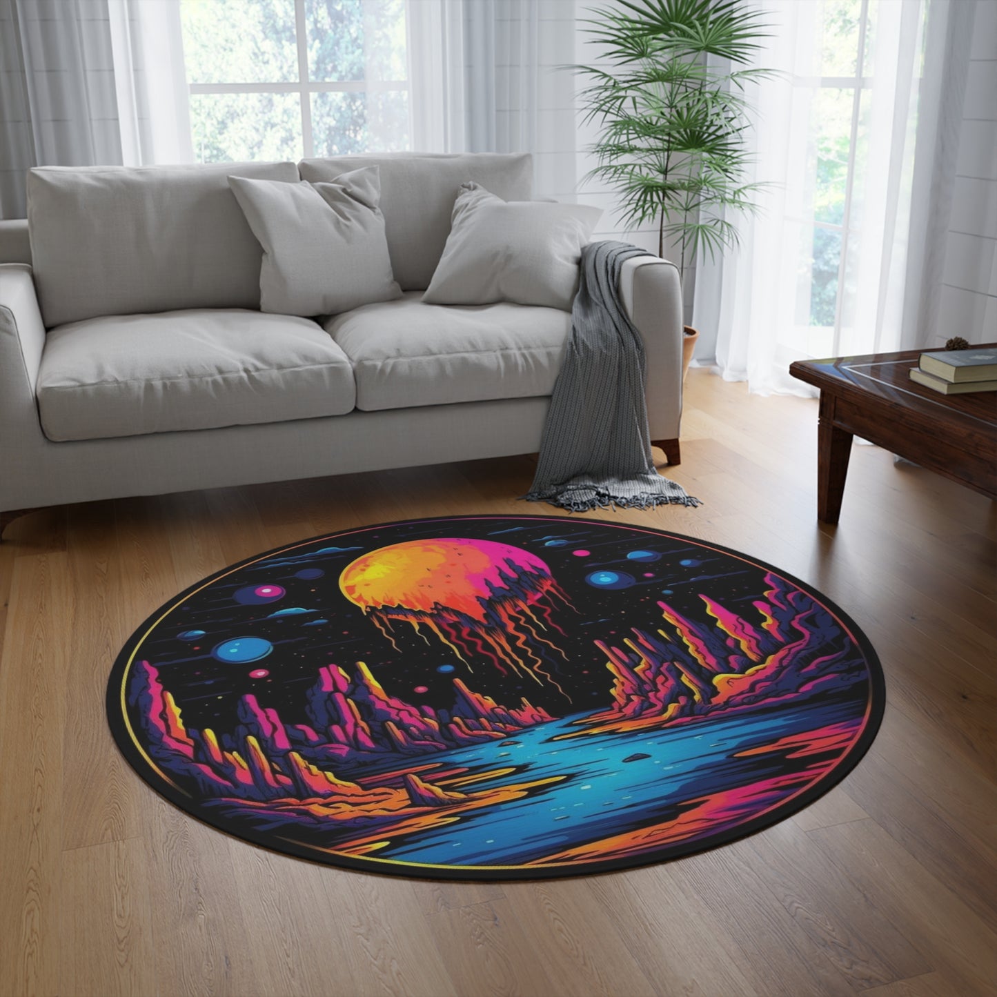 Psychedelic Moonscape Round Rug — Neon Cosmic Landscape Floor Mat