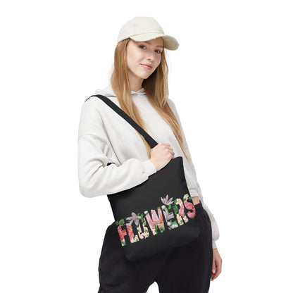Floral 'FLOWERS' Black All-Over Print Tote Bag