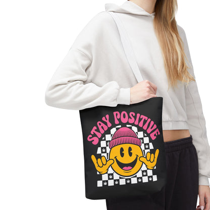 Stay Positive Smiley Tote Bag — Retro Checkerboard Inspirational Canvas Tote