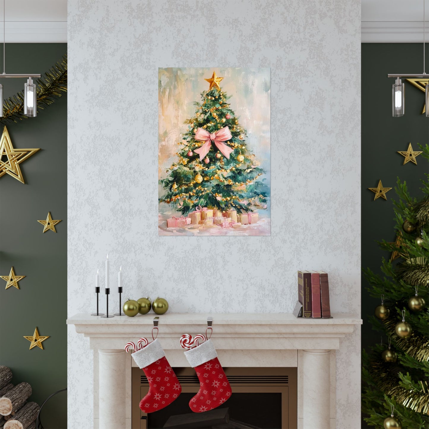 Christmas Tree Poster - Pastel Holiday Art Print with Pink Bow & Presents