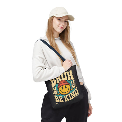 Bruh Be Kind Smiley Tote Bag — Retro Peace Sign Canvas Shopper