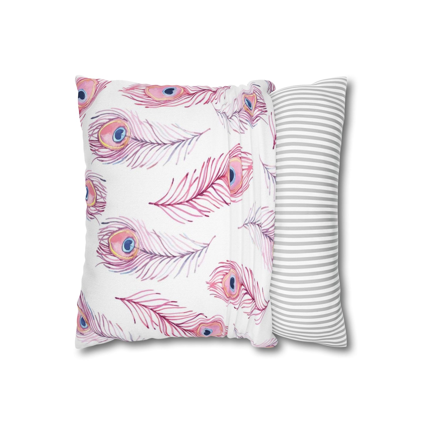 Pink Watercolor Peacock Feather Pillowcase — Decorative Square Throw Pillow Cover
