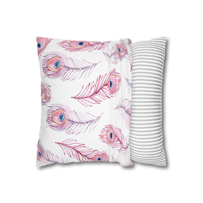 Pink Watercolor Peacock Feather Pillowcase — Decorative Square Throw Pillow Cover