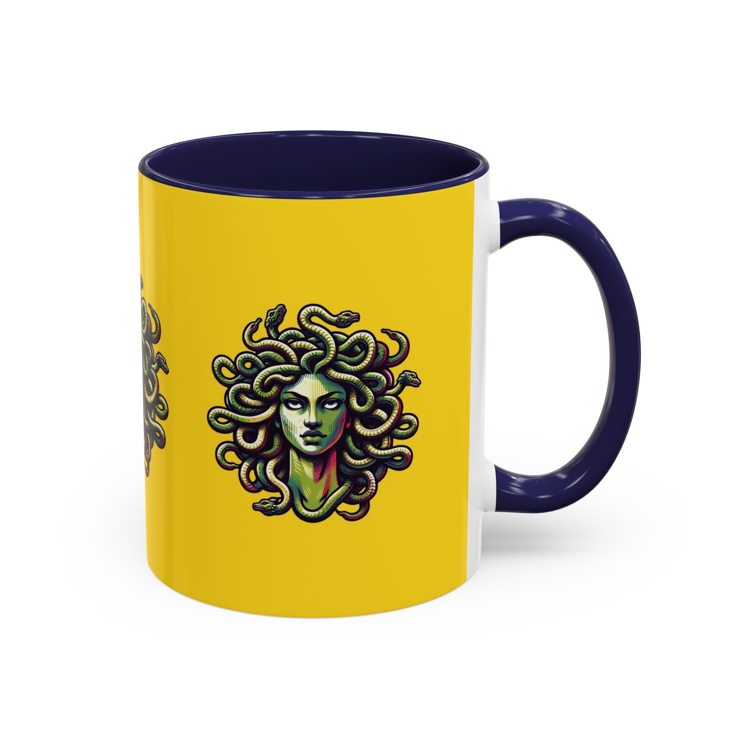 Medusa Accent Coffee Mug — Mythical Snake-Head Design, Yellow & Black Accent (11/15oz)