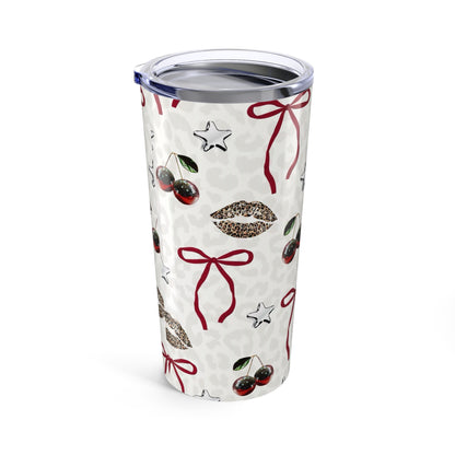 20oz Cherry Kiss Tumbler – Retro Bows & Leopard Lips Travel Cup