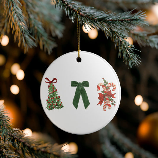 Ceramic Ornament — Watercolor Christmas Tree, Bow & Candy Cane Holiday Decoration