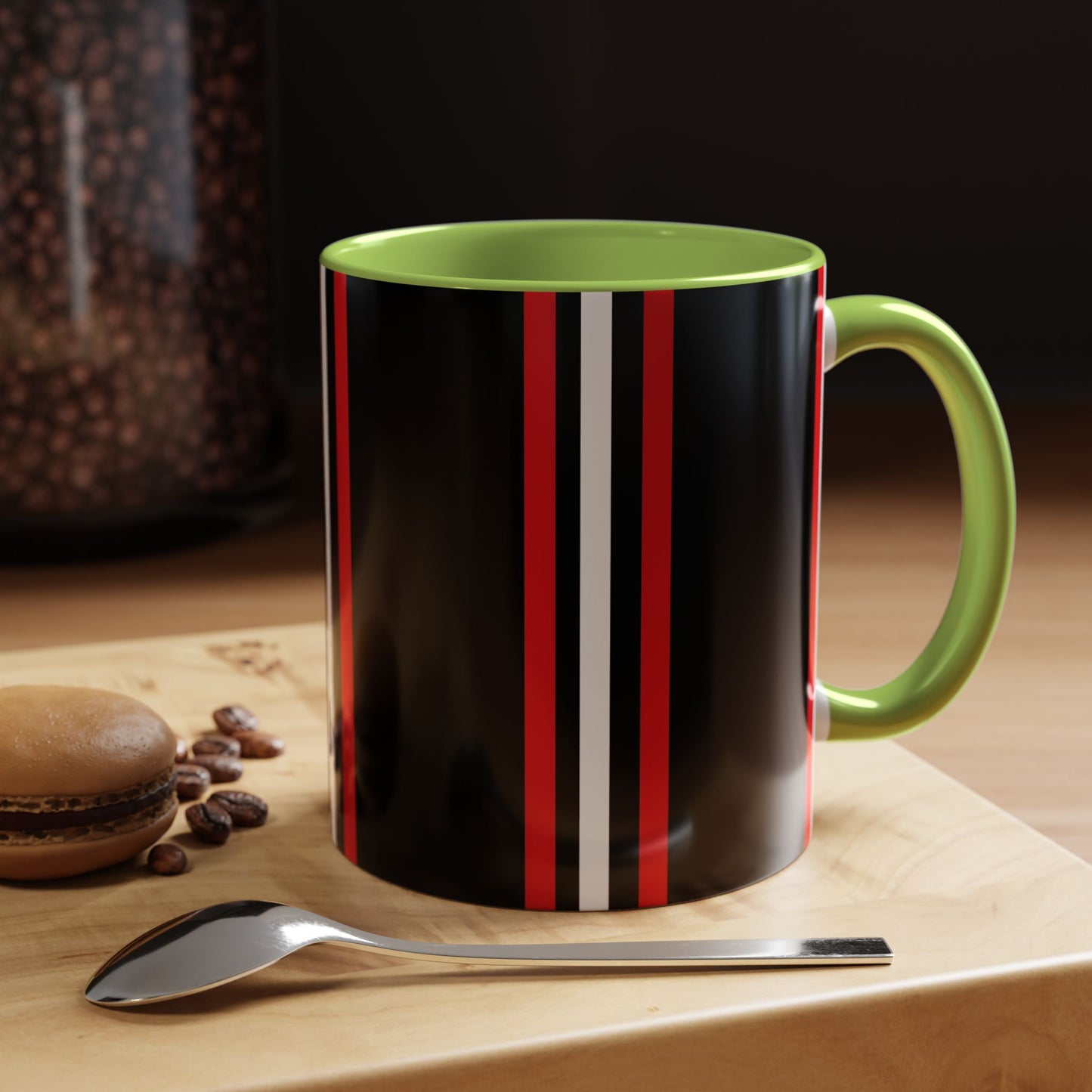 Black Accent Coffee Mug with Red & White Racing Stripes — 11/15oz