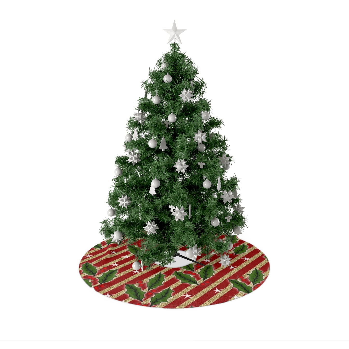 Holly Stripe Christmas Tree Skirt — Festive Red & Green Holiday Decor