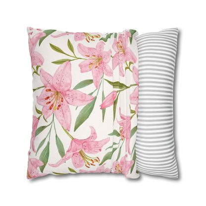 Floral Lily Pillowcase — Pink Watercolor Botanical Square Pillow Cover